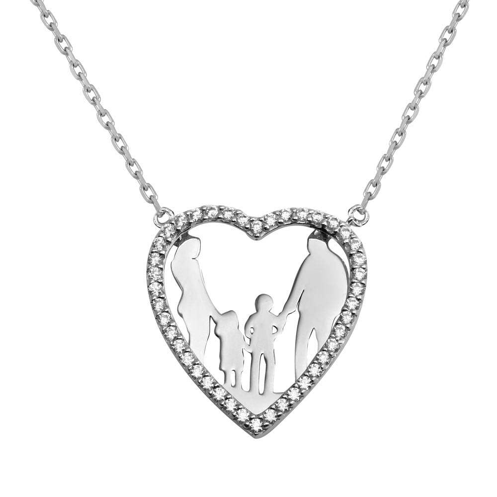 Sterling Silver Rhodium Plated Open CZ Heart MomAnd Dad And Baby Boy And Girl Family Necklace