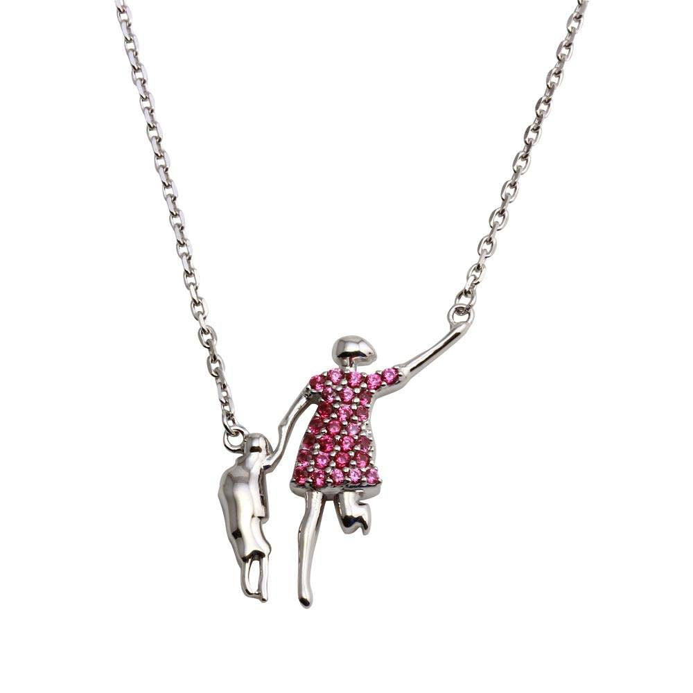 Sterling Silver Rhodium Plated Open Pink CZ Mom And Baby Family Necklace