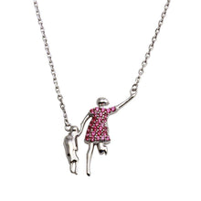 Load image into Gallery viewer, Sterling Silver Rhodium Plated Open Pink CZ Mom And Baby Family Necklace