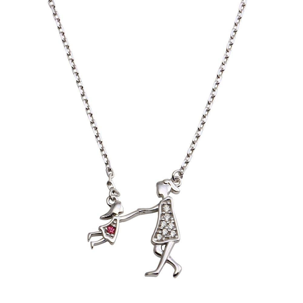Sterling Silver Rhodium Plated Open CZ Playing Mom And Daughter Family Necklace