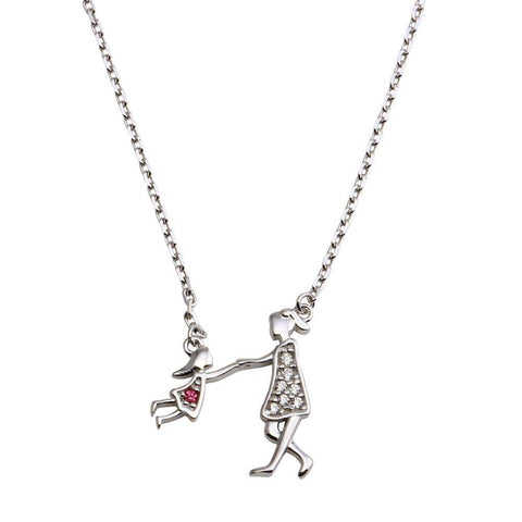 Sterling Silver Rhodium Plated Open CZ Playing Mom And Daughter Family Necklace