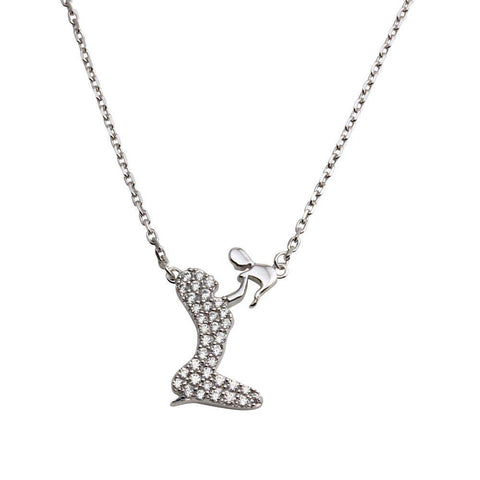 Sterling Silver Rhodium Plated Open CZ Playing Mom With Baby Family Necklace