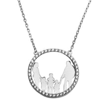 Load image into Gallery viewer, Sterling Silver Rhodium Plated Open CZ Heart MomAnd Dad And A BoysAnd 2 Girls Family Necklace