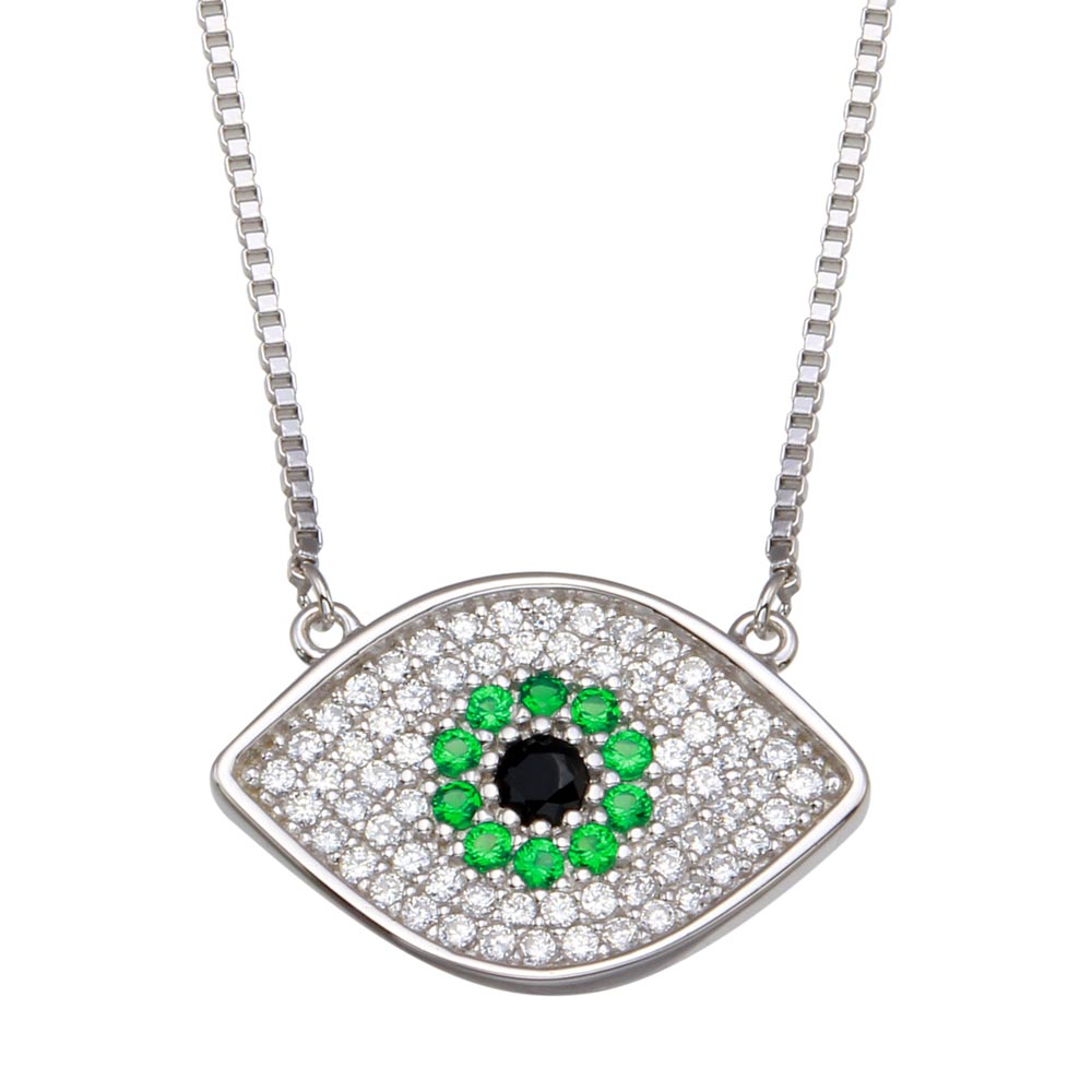 Sterling Silver Rhodium Plated Evil Eye with Green and Clear CZ Necklace