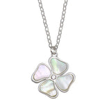 Sterling Silver Rhodium Plated Mother of Pearl and CZ Clover Necklace