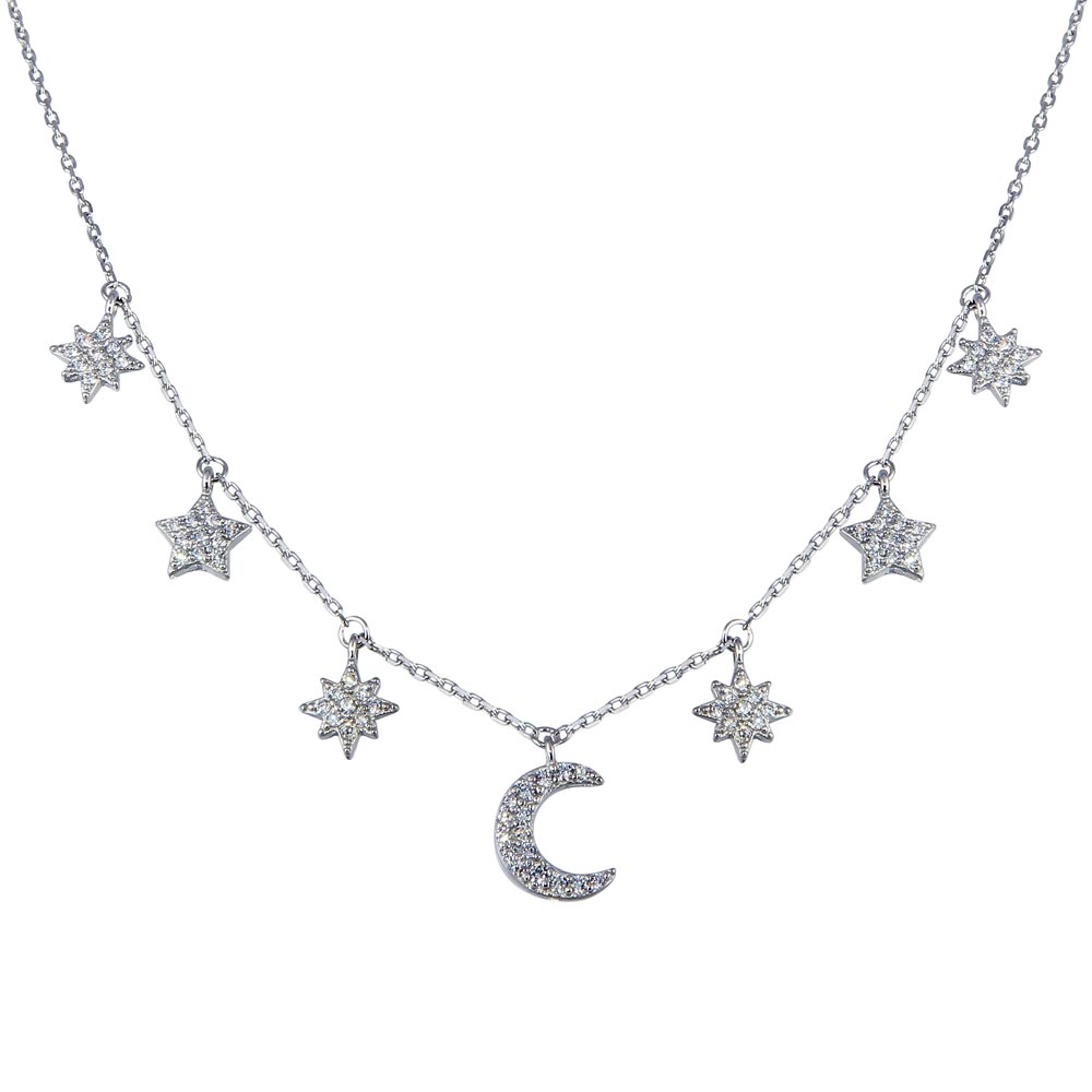 Sterling Silver Rhodium Plated CZ Star and Crescent Moon Necklace