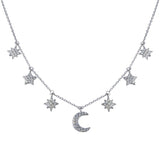 Sterling Silver Rhodium Plated CZ Star and Crescent Moon Necklace