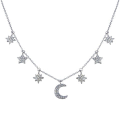 Sterling Silver Rhodium Plated CZ Star and Crescent Moon Necklace