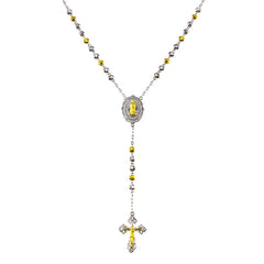 Sterling Silver two Toned Plated DC Beaded CZ Medallion Rosary Necklace