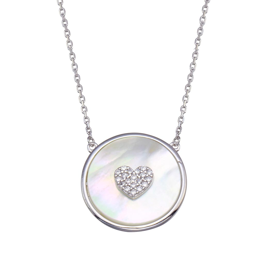 Sterling Silver Rhodium Plated Mother Of Pearl Disc with CZ Heart Necklace