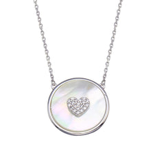 Load image into Gallery viewer, Sterling Silver Rhodium Plated Mother Of Pearl Disc with CZ Heart Necklace
