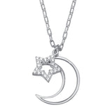 Sterling Silver Rhodium Plated CZ Synthetic MOP Star and Crescent Moon Necklace