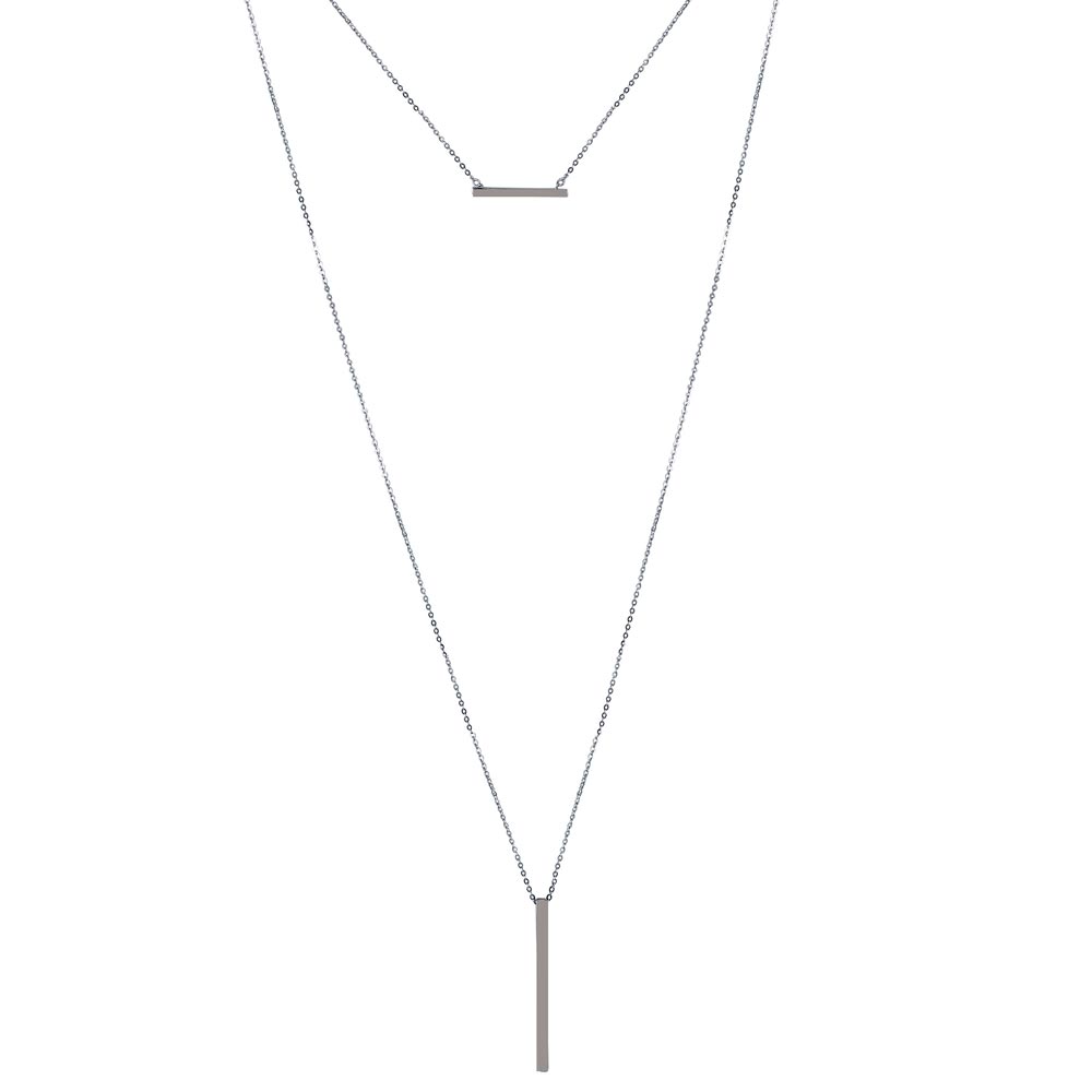 Sterling Silver Rhodium Plated Multi Chain Drop Bar Necklace