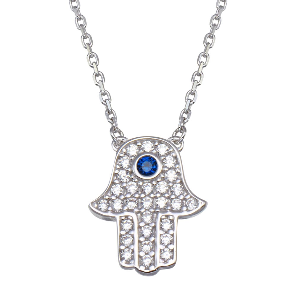 Sterling Silver Rhodium Plated CZ Hamsa Necklace