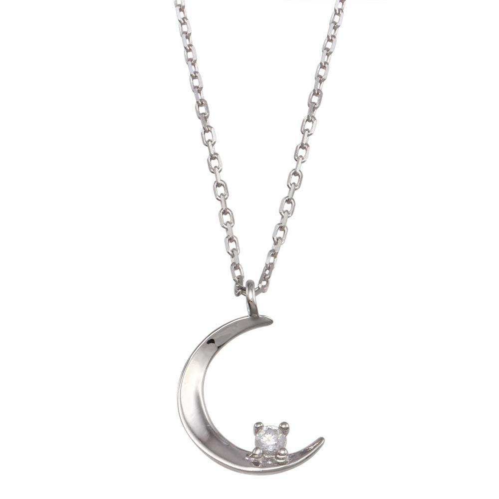 Sterling Silver Rhodium Plated Crescent CZ Necklace - silverdepot