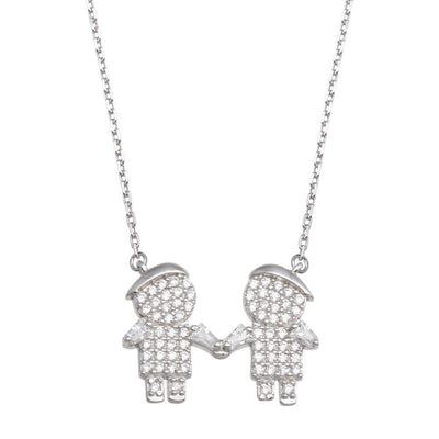 Sterling Silver Rhodium Plated CZ 2 Boys Family Necklace - silverdepot
