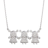 Sterling Silver Rhodium Plated CZ 3 Girls Family Necklace