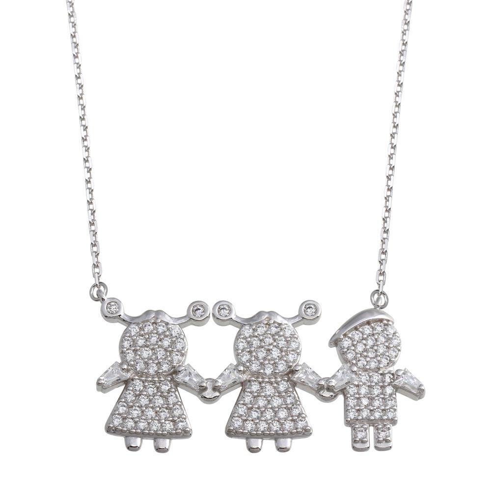 Sterling Silver Rhodium Plated CZ 2 Girls 1 Boys Family Necklace - silverdepot