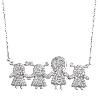 Sterling Silver Rhodium Plated CZ 3 Girls and Mom Family Necklace - silverdepot
