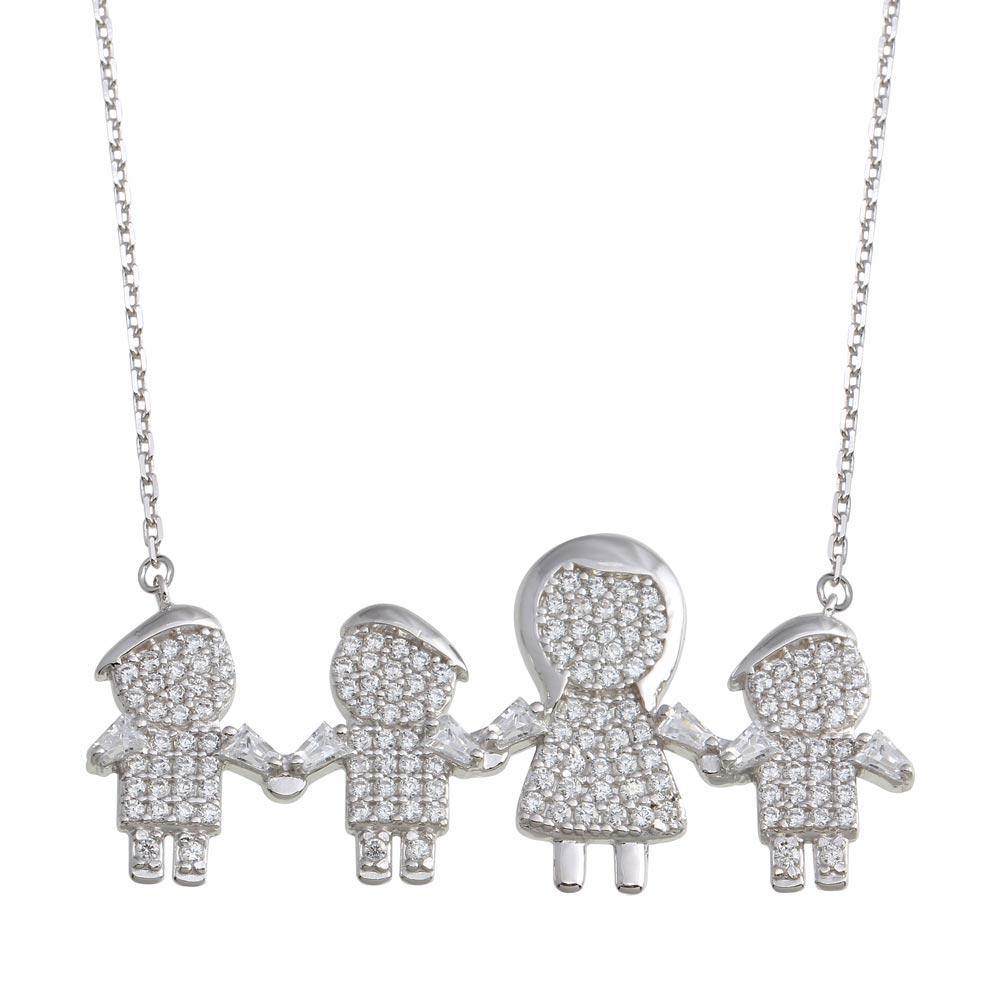 Sterling Silver Rhodium Plated CZ 3 Boys and Mom Family Necklace - silverdepot