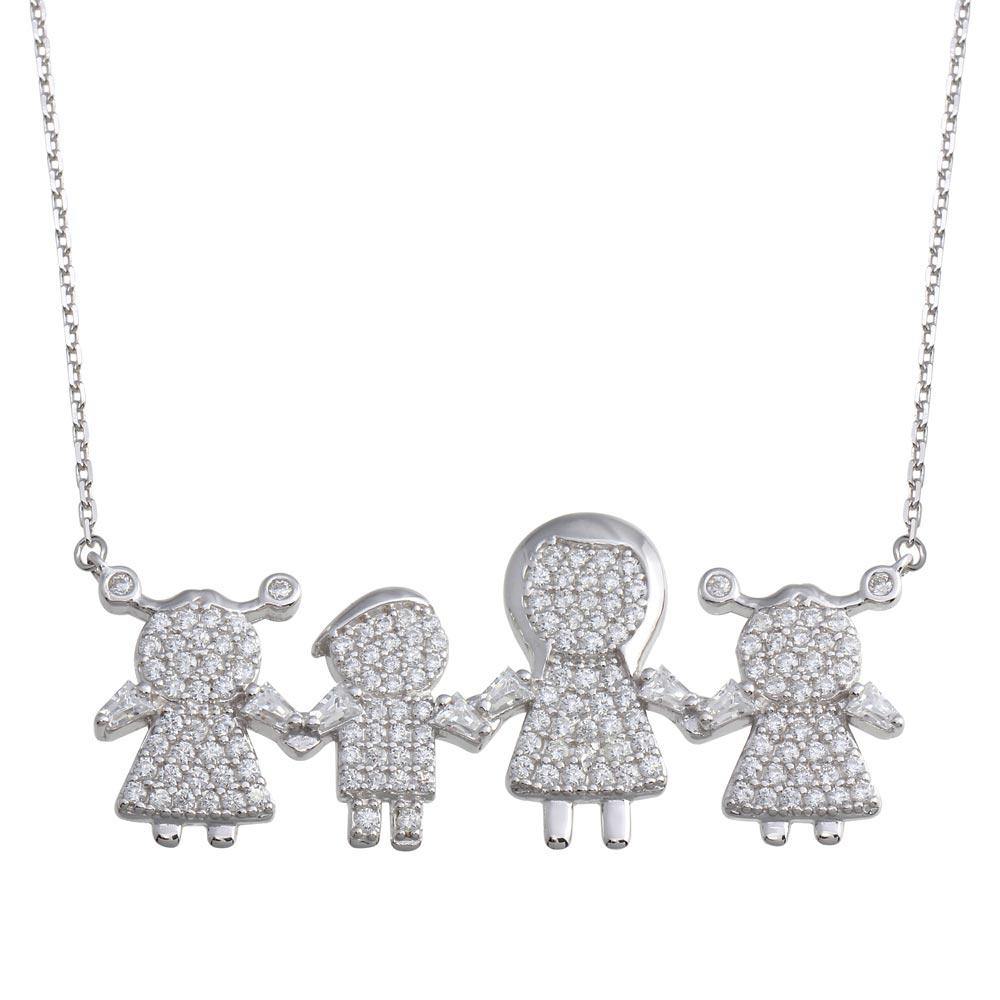 Sterling Silver Rhodium Plated CZ 1 Boy 2 Girls and Mom Family Necklace - silverdepot