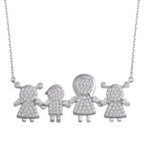 Sterling Silver Rhodium Plated CZ 1 Boy 2 Girls and Mom Family Necklace