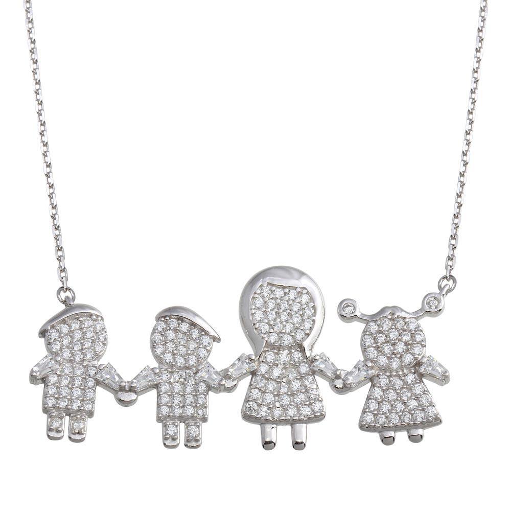 Sterling Silver Rhodium Plated CZ 2 Boys 1 Girl and Mom Family Necklace - silverdepot