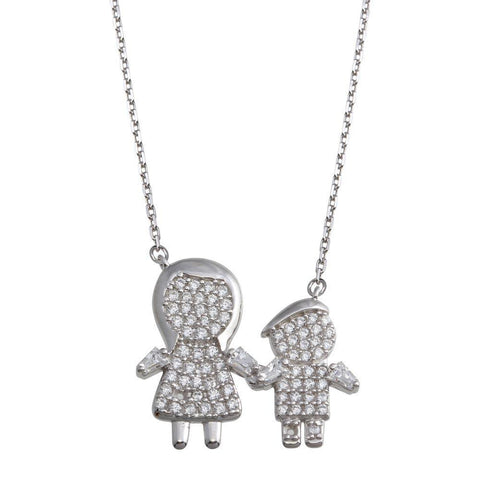 Sterling Silver Rhodium Plated CZ Boys and Mom Family Necklace