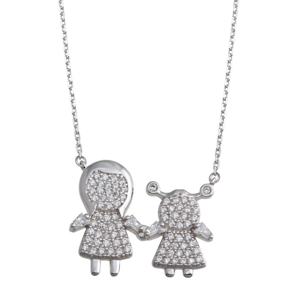 Sterling Silver Rhodium Plated CZ Girl and Mom Family Necklace - silverdepot