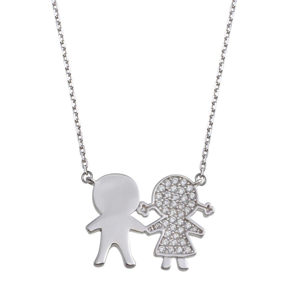 Sterling Silver Rhodium Plated CZ Girl and Boy Family Necklace - silverdepot