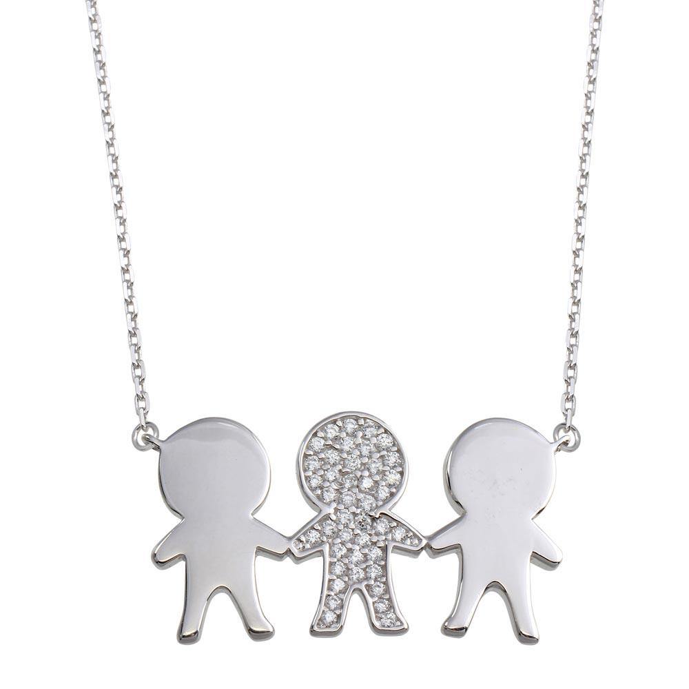 Sterling Silver Rhodium Plated CZ 3 Boys Family Necklace - silverdepot