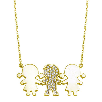 Sterling Silver Gold Plated CZ 2 Girls and 1 Boy Family Necklace
