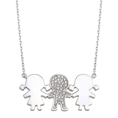 Sterling Silver Rhodium Plated CZ 2 Girls and 1 Boy Family Necklace - silverdepot
