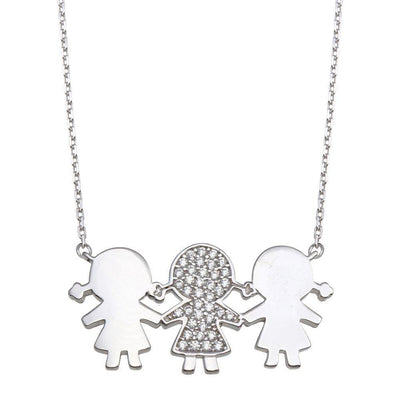 Sterling Silver Rhodium Plated CZ 3 Girls Family Necklace - silverdepot