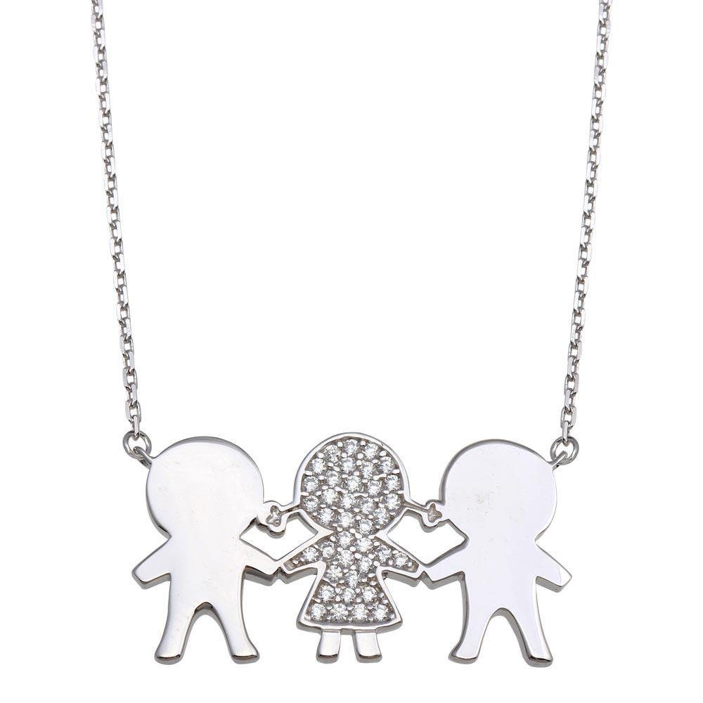 Sterling Silver Rhodium Plated CZ 2 Girls and 1 Boy Family Necklace - silverdepot