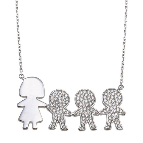 Sterling Silver Rhodium Plated CZ 3 Boys and Mom Family Necklace