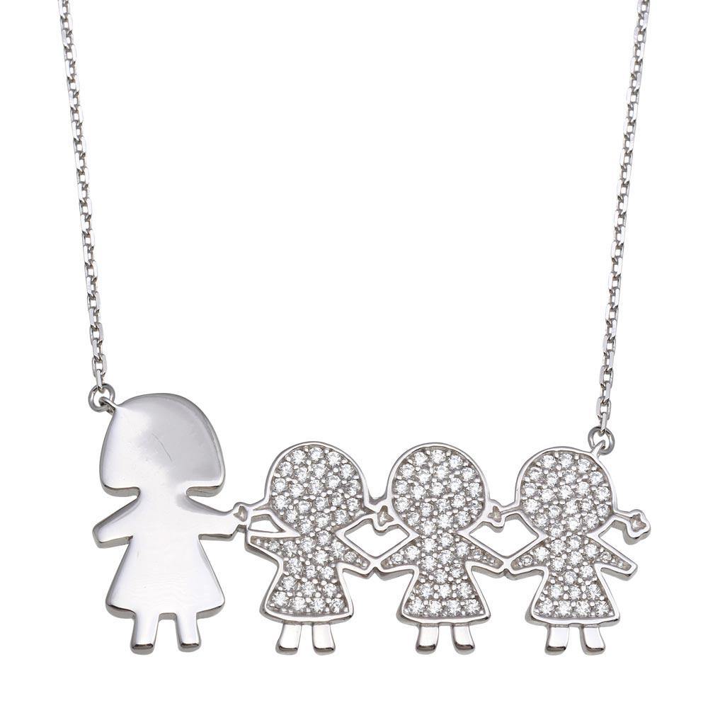 Sterling Silver Rhodium Plated CZ 3 Girls and Mom Family Necklace - silverdepot