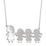 Sterling Silver Rhodium Plated CZ 3 Girls and Mom Family Necklace