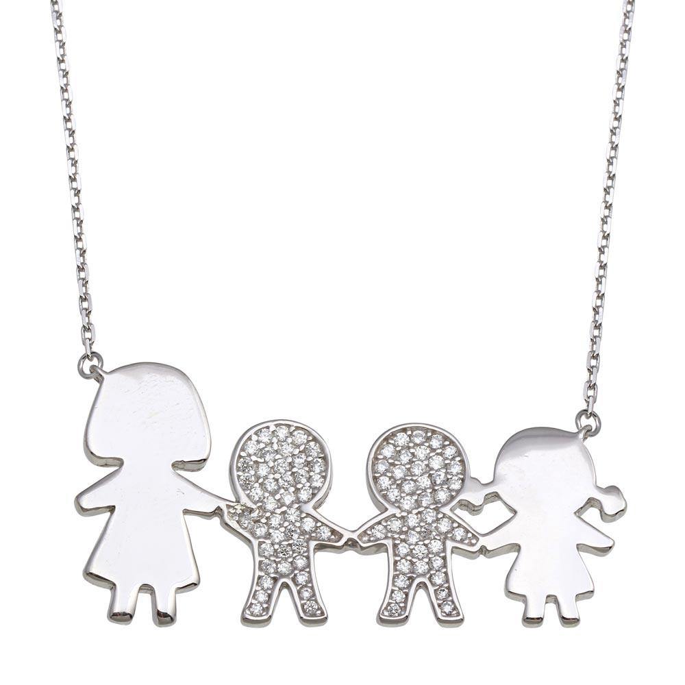 Sterling Silver Rhodium Plated CZ 2 Boys, Girl and Mom Family Necklace - silverdepot
