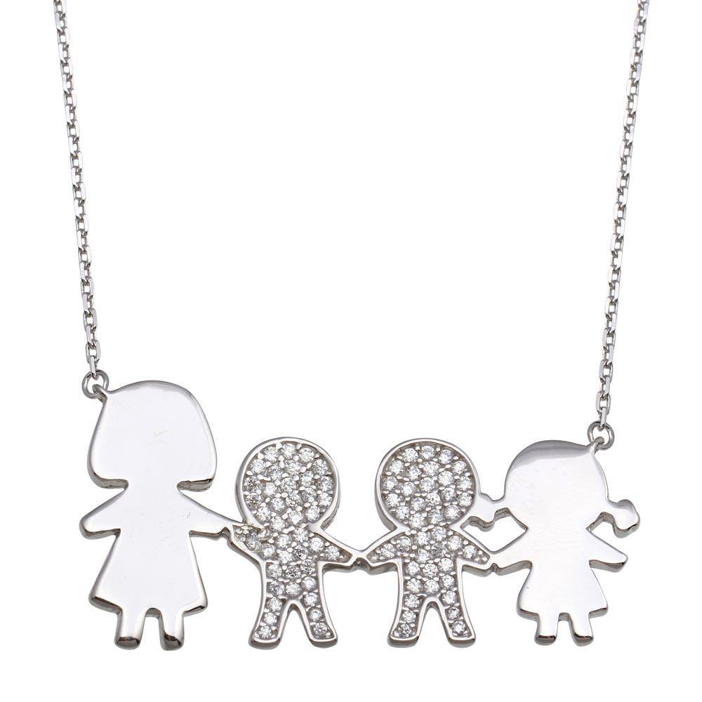 Sterling Silver Rhodium Plated CZ 2 Girls, Boy and Mom Family Necklace - silverdepot