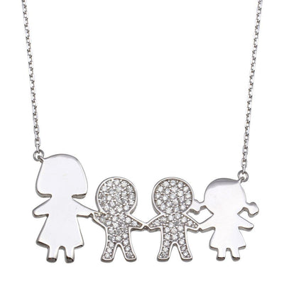 Sterling Silver Rhodium Plated CZ 2 Girls, Boy and Mom Family Necklace - silverdepot