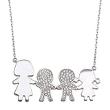 Sterling Silver Rhodium Plated CZ 2 Girls, Boy and Mom Family Necklace