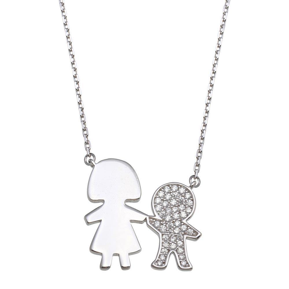 Sterling Silver Rhodium Plated CZ Boy and Mom Family Necklace - silverdepot