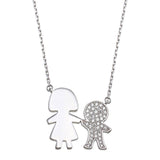 Sterling Silver Rhodium Plated CZ Boy and Mom Family Necklace