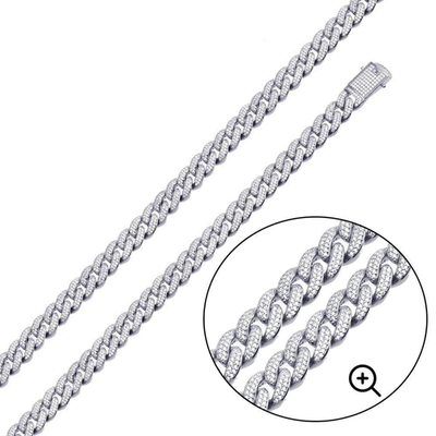 Sterling Silver Rhodium Plated Miami Curb CZ Hip Hop Chain Width-9mm