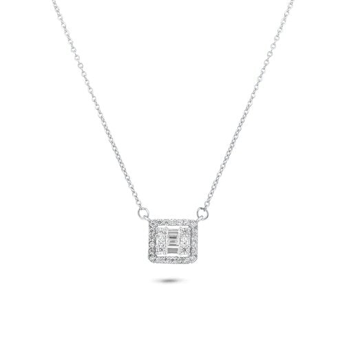 Sterling Silver Rhodium Plated Round Baguette CZ Square Necklace