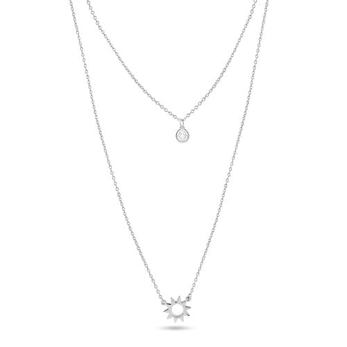 Sterling Silver Rhodium Plated Double Chain Open Sun Smiley Necklace