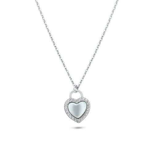 Sterling Silver Rhodium Plated Heart CZ Mother of Pearl Necklace
