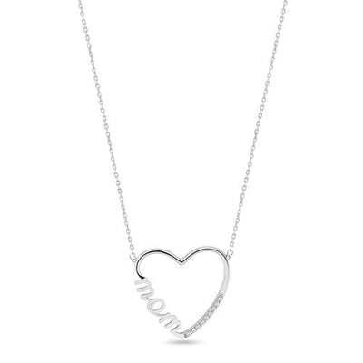 Sterling Silver Rhodium Plated Clear CZ Open Heart MOM Necklace