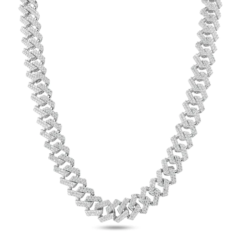 Sterling Silver Rhodium Plated CZ Encrusted Miami Cuban Link Chain Width-13mm